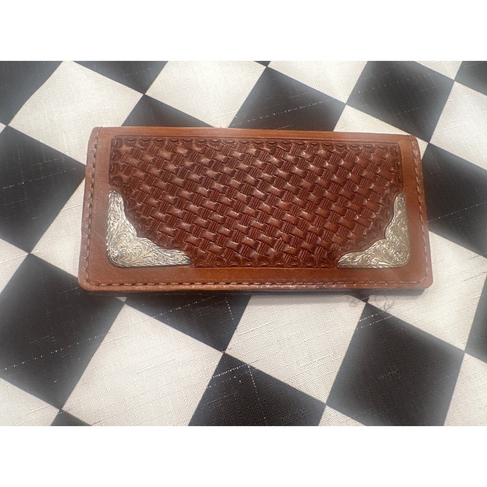 Vintage JDS Leather Co Kerrville TX Brown Basketweave Western Long Wallet Metal